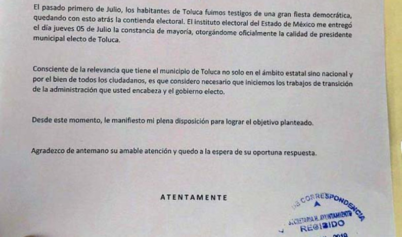 Solicita Juan Rodolfo iniciar la entrega-recepción de Toluca