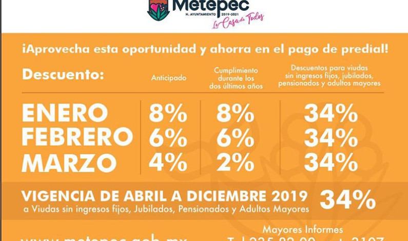 Impuesto Predial tendrá descuentos en Metepec