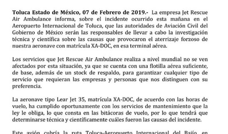 Aterrizaje forzoso de aeronave en Aeropuerto de Toluca no obstaculiza operaciones a nivel mundial de Jet Rescue Air Ambulance