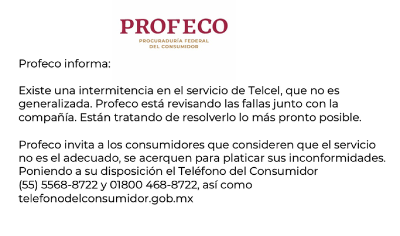 Ofrece apoyo PROFECO por fallas en Telcel