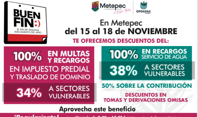 Ofrece Metepec subsidios de 15 a 18% por Buen Fin