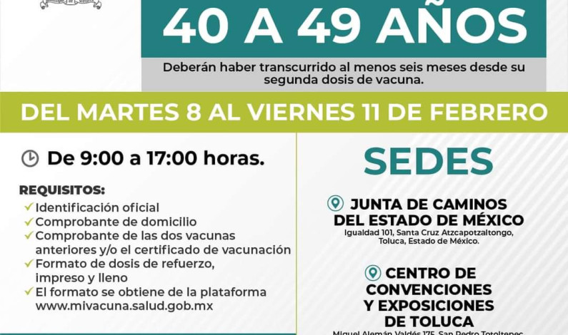 Vacunarán en Toluca a personas de 40 a 49 años