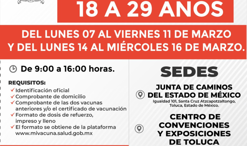 Inicia vacunación de refuerzo contra Covid-19 en Toluca